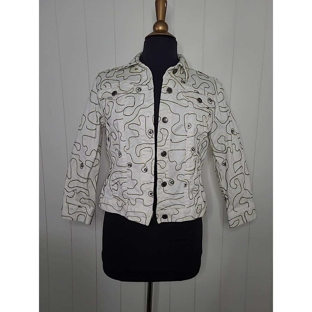 Ruby Rd Denim Artsy Jacket Women's Size 6 White Black Retro Artsy